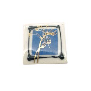 Vintage Gold Floral Ceramic Pin Brooch with Blue & White Design Artisan Signed